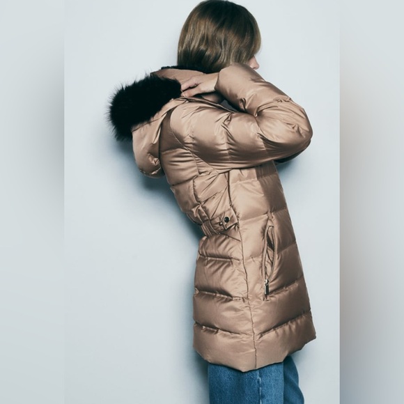 Zara KHAKI LONGLINE HOODED QUILTED JACKET - Picture 13 of 16